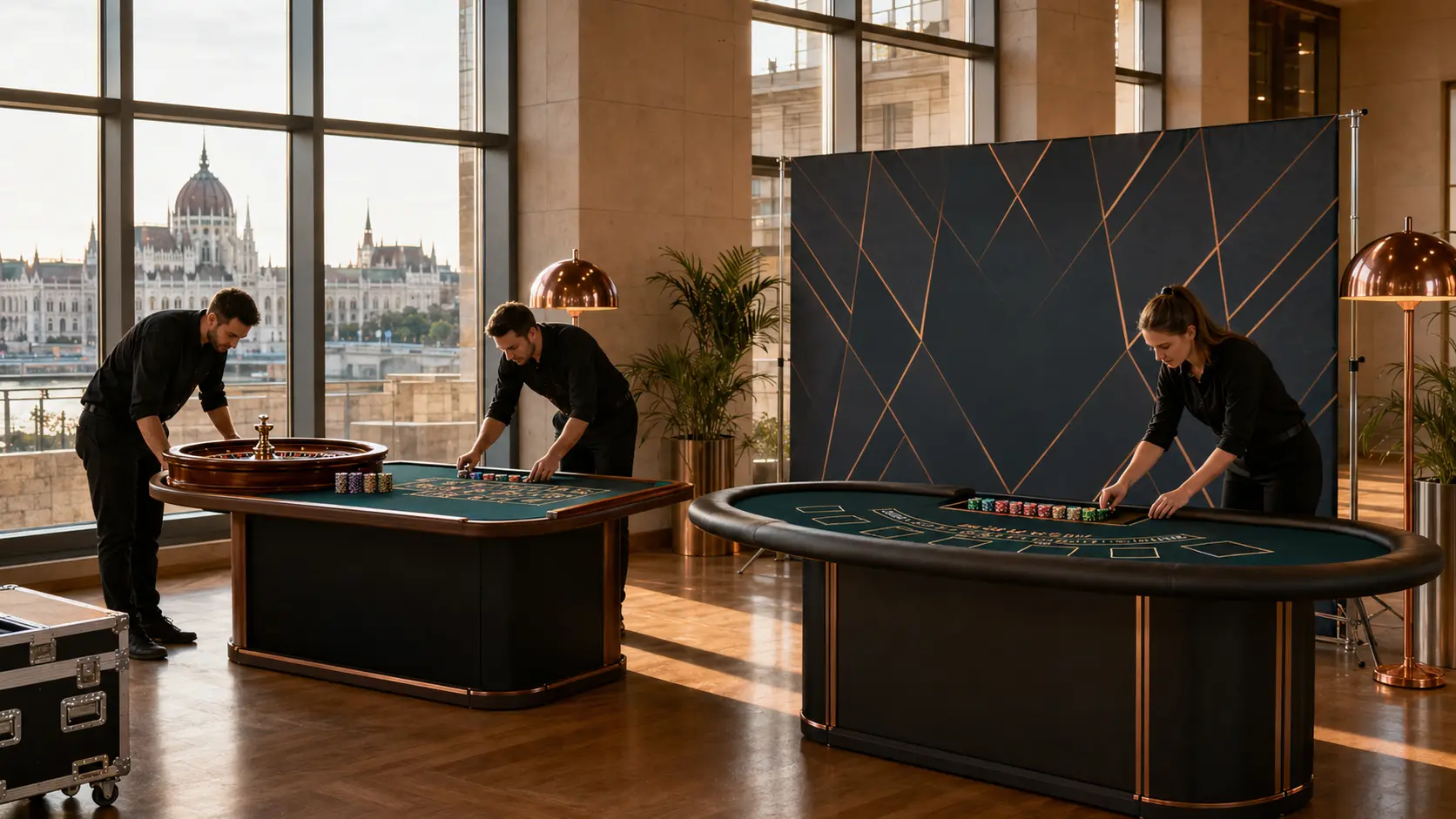 Mobil rulett- és blackjack tematikájú rendezvényasztalok telepítése budapesti helyszínen